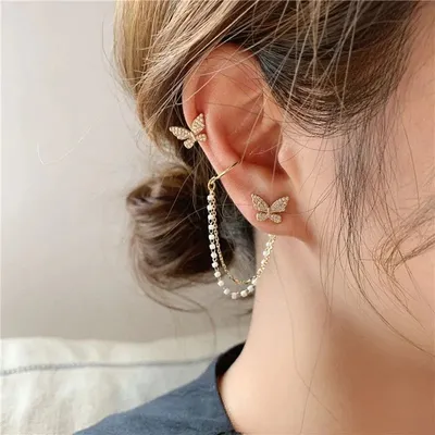  Pearl Butterfly Chain Tassel Ear Cuff Earrings