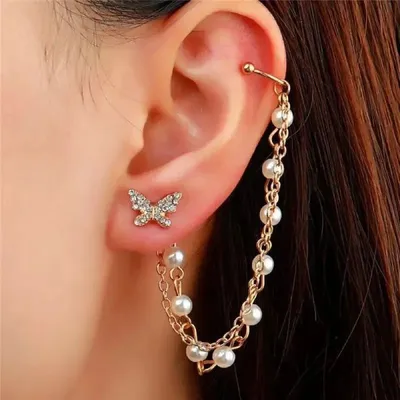  Pearl Butterfly Chain Tassel Ear Cuff Earrings