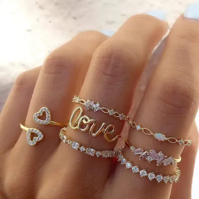 Love Heart Stone Finger Ring Set (7 Pcs )