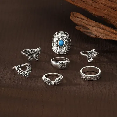 Vintage Butterfly Turquoise Finger Ring Set ( 7 Pcs )