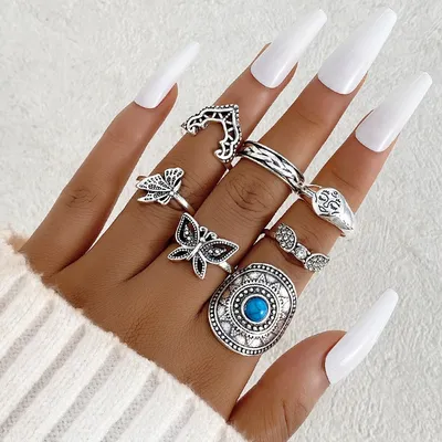 Vintage Butterfly Turquoise Finger Ring Set ( 7 Pcs )
