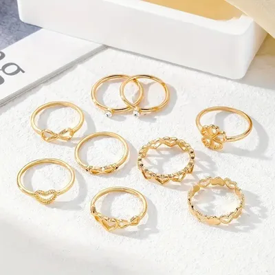 Simple Elegant Golden Alloy Ring Set ( 9 Pcs )