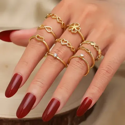 Simple Elegant Golden Alloy Ring Set ( 9 Pcs )