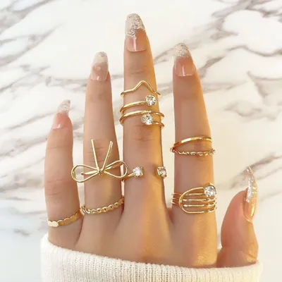 Gold Color Bowknot Finger Rings Set ( 8 Pcs )
