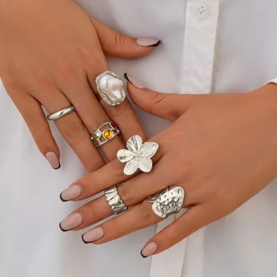 Flower Crystal Imitation Pearl Open Rings Set ( 6 Pcs )