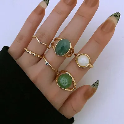 Green Jade Knuckle Finger Ring Set ( 6 Pcs )