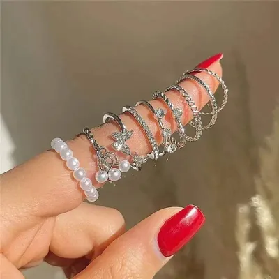 9 Pc Pearl Butterfly Finger Ring ( 1 Set)