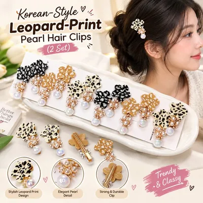 Leopard Print Pearl Hair Clips Korean Style ( 2 Set )