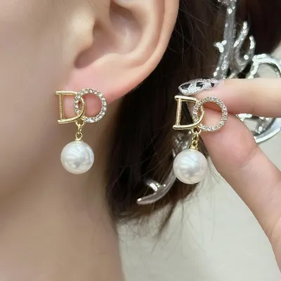  Rhinestone Letter Delicate Big Pearl Pendant Earring