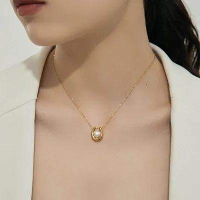 Stainless Steel U Shape Pearl Necklace   