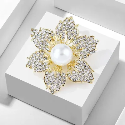  Crystal Rhinestone Pearl Flower Brooch Pin
