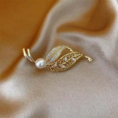  Pearl Zircon Leaf Brooch Pin