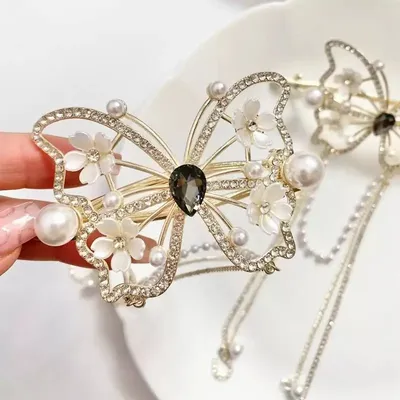 Rhinestone Butterfly Metal Pearl Tassel Hair Claw Clip