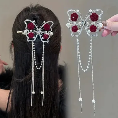  Rose Butterfly Pearl Tassel Hair Clip