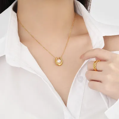 Stainless Steel Pearl U Shaped Pendant Necklace (1 pc)