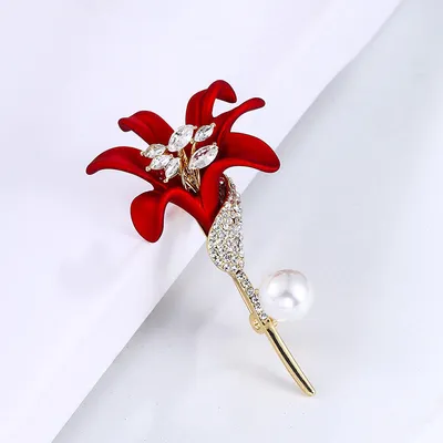 Red Lily Rose Brooch Hijab Pin 
