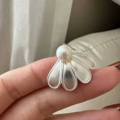 Four Leaf Pearl Copper Plated Silver Earrings 