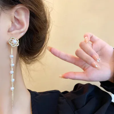 Pearl Rose Flower Drop Earrings