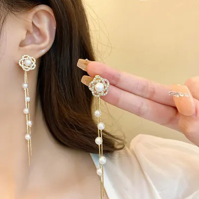 Pearl Rose Flower Drop Earrings