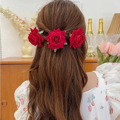 Vintage Velvet Red Rose Flower Hair Clip (1 pc)