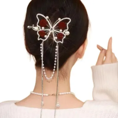 Vintage Pearl Tassel Red Rose Butterfly Hair Clip (1 pc)