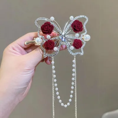 Vintage Pearl Tassel Red Rose Butterfly Hair Clip (1 pc)