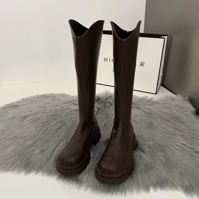 Women Black Lace up Knee-High Boots