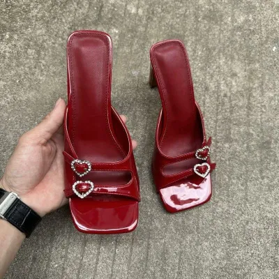 Fashion Red Black Square Toe Slide Sandals