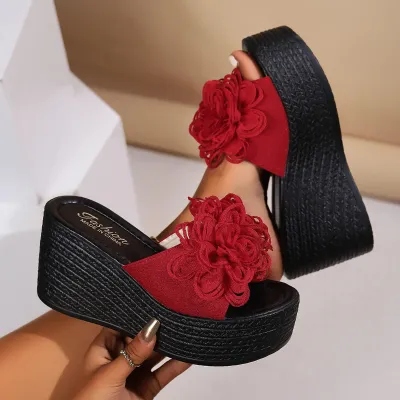Women's Red Flower Heeled Sandals 