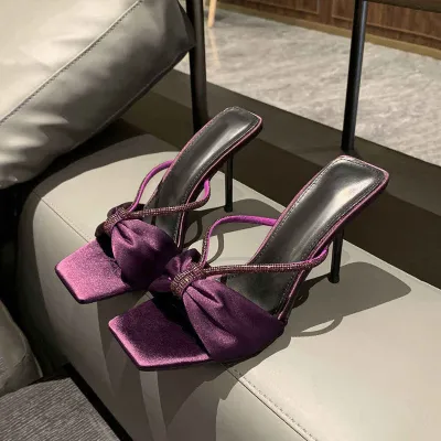 Purple Satin Rhinestone Strappy Sandals 