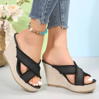 Denim Straw Roman Shoes