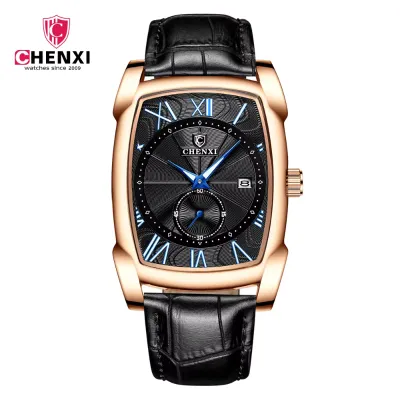CHENXI Leather Strap Waterproof Square Quartz Watch 