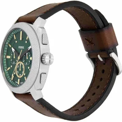 Fossil Machine Green Dial Chronograph Brown Leather Strap Watch