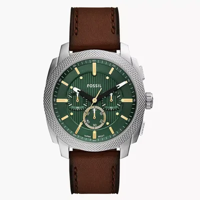 Fossil Machine Green Dial Chronograph Brown Leather Strap Watch