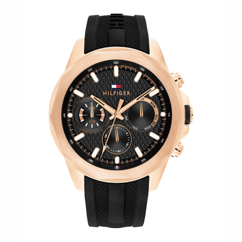 TOMMY HILFIGER LARS ROSE-GOLD PLATED BLACK SILICONE STRAP WATCH 