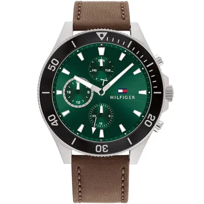 Tommy Hilfiger Brown Leather Green Dial Men's Multi-function Watch