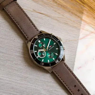 Tommy Hilfiger Brown Leather Green Dial Men's Multi-function Watch