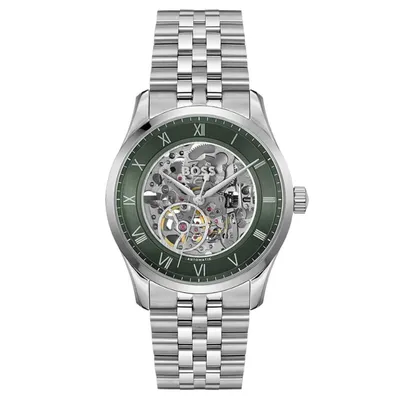 BOSS Principle Skeleton Mech-Automatic Green Round Dial Men's Watch
