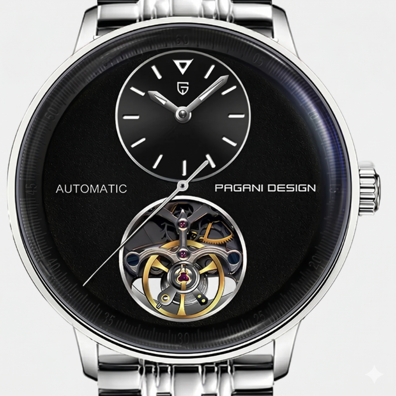 Pagani Design Black Dial Tourbillon Stainless Steel Men's Watch
