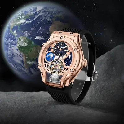 HANBORO Rose Gold Starry Sky Hollow Flywheel Moon Phase Automatic Mechanical Watch Luxury Space Theme Sports Watch