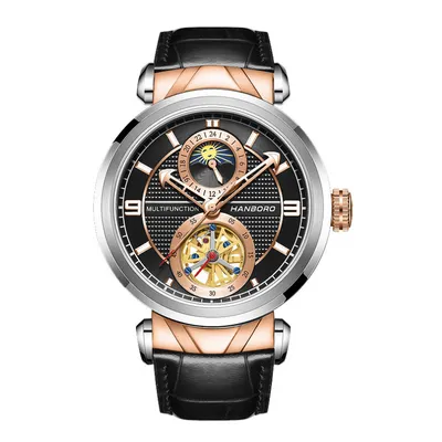HANBORO HBR-846 Super Master Automatic Open-Heart Men’s Watch – Black & Rose Gold