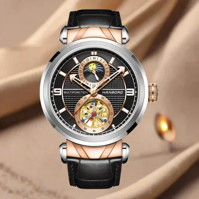 HANBORO HBR-846 Super Master Automatic Open-Heart Men’s Watch – Black & Rose Gold