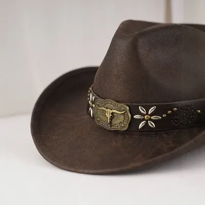 Bull BUCKLE RIVET LEATHER BELT WIDE BRIM SUEDE COWBOY HAT