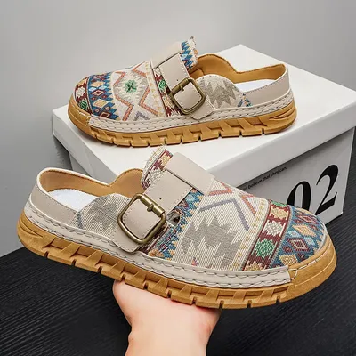 American retro print Birkenstock-style slip-on loafers with soft soles,