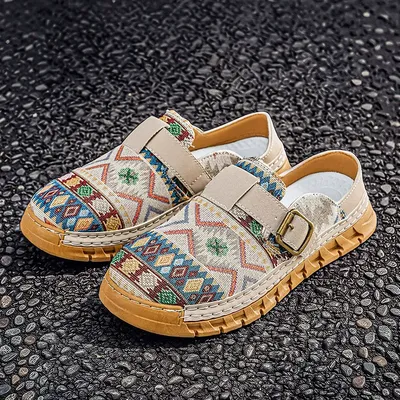 American retro print Birkenstock-style slip-on loafers with soft soles,