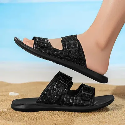 VERSATILE DOUBLE-BUCKLE WOVEN TEXTURE SANDALS