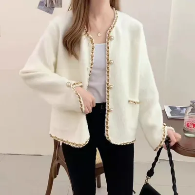 Pearl Button Faux Mink Knit Cardigan