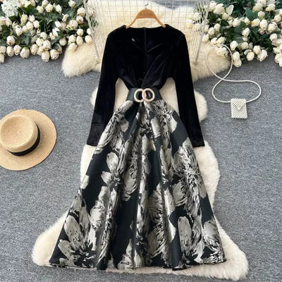 Velvet long-sleeved Patchwork Dress