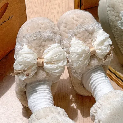 Non-Slip Warm Bow Plush Slippers 