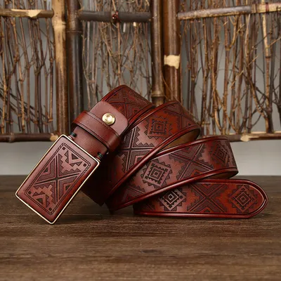 Genuine Cowhide Leather Men’s Business Retro Belt – Hand-Embossed Copper Pin Buckle High-Grade Waistband